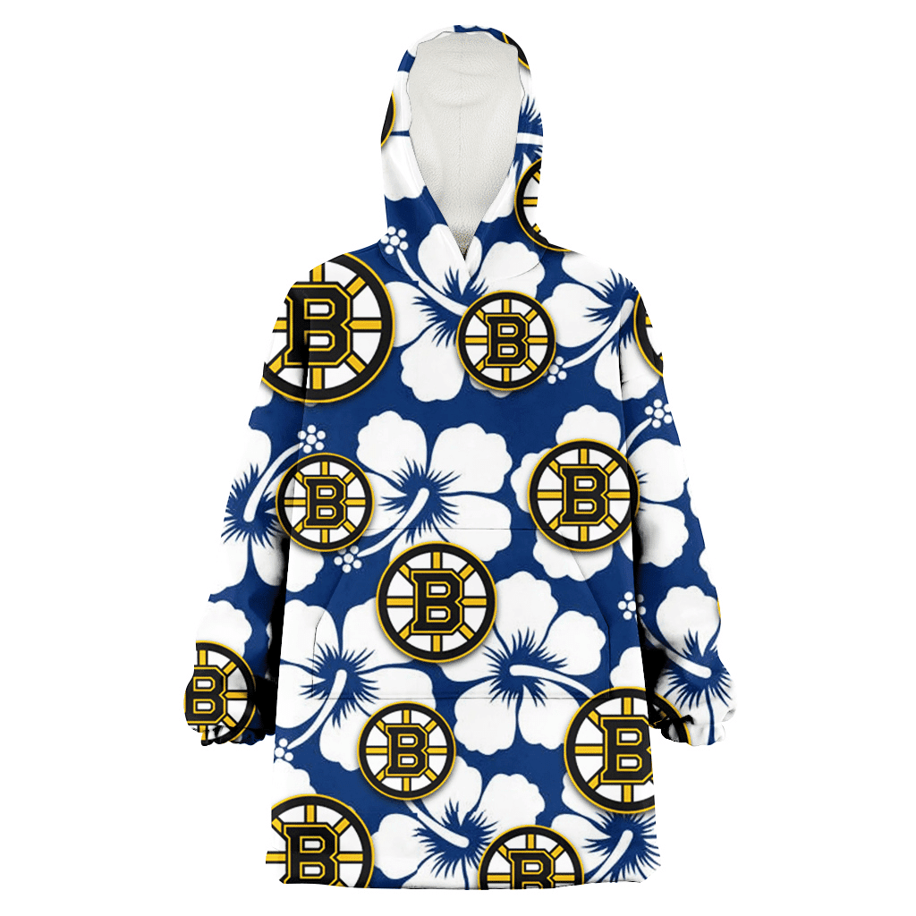 Boston Bruins Modern White Hibiscus Navy Background 3D Printed Hoodie Blanket Snug Hoodie