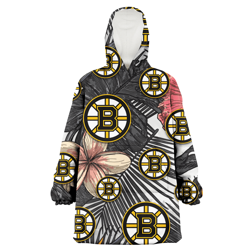 Boston Bruins Pink Sketch Hibiscus Gray Palm Leaf White Background 3D Printed Hoodie Blanket Snug Hoodie