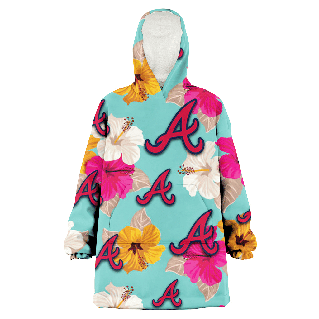 Atlanta Braves Pink Yellow White Hibiscus Turquoise Background 3D Printed Hoodie Blanket Snug Hoodie