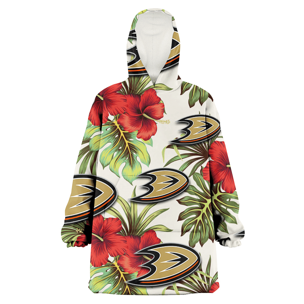 Anaheim Ducks Red Hibiscus Green Tropical Leaf Cream Background 3D Printed Hoodie Blanket Snug Hoodie