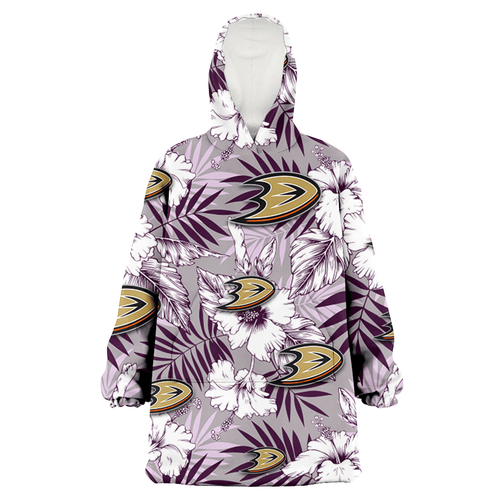 Anaheim Ducks White Hibiscus Violet Leaves Light Grey Background 3D Printed Hoodie Blanket Snug Hoodie