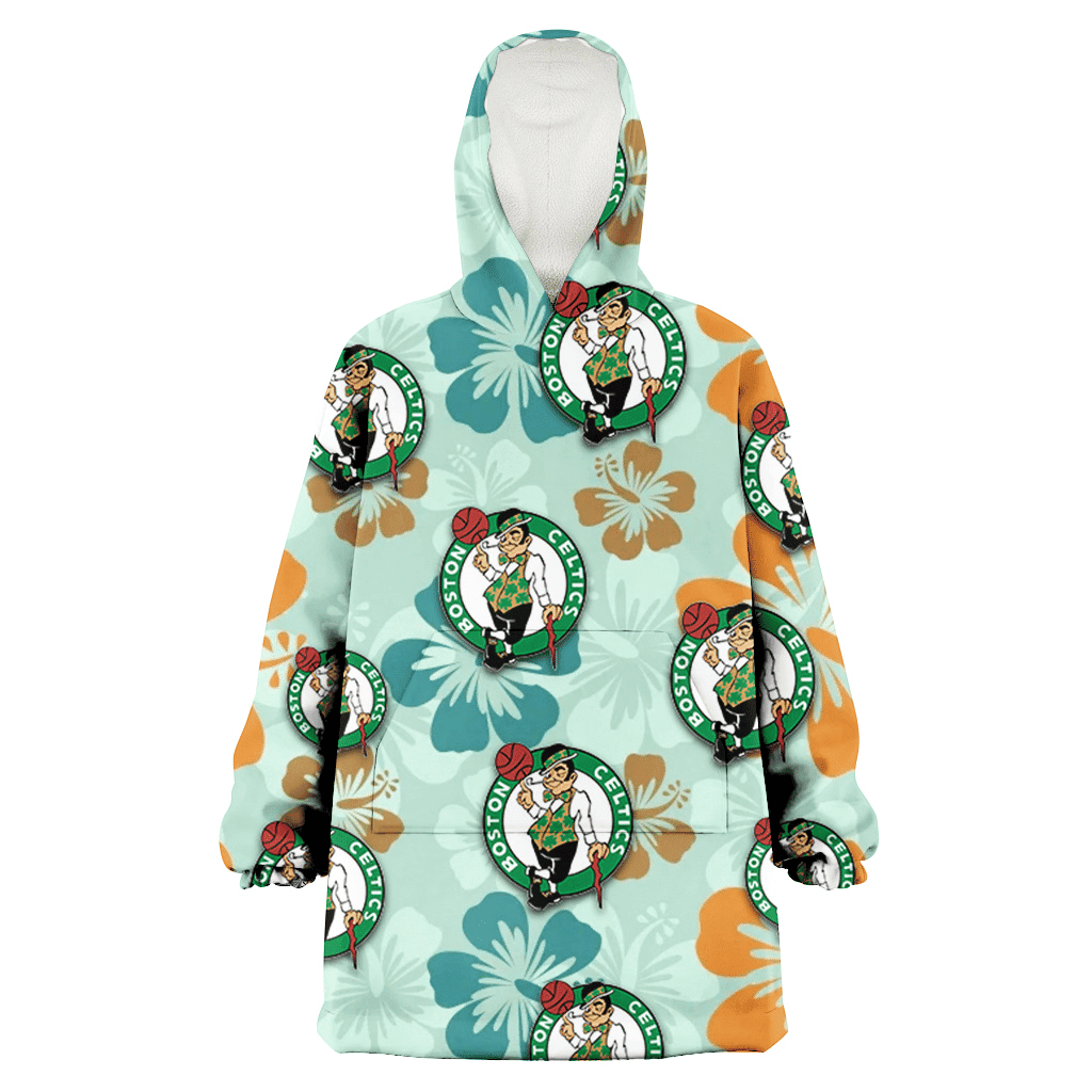 Boston Celtics Orange Green Hibiscus Pale Green Background 3D Printed Hoodie Blanket Snug Hoodie