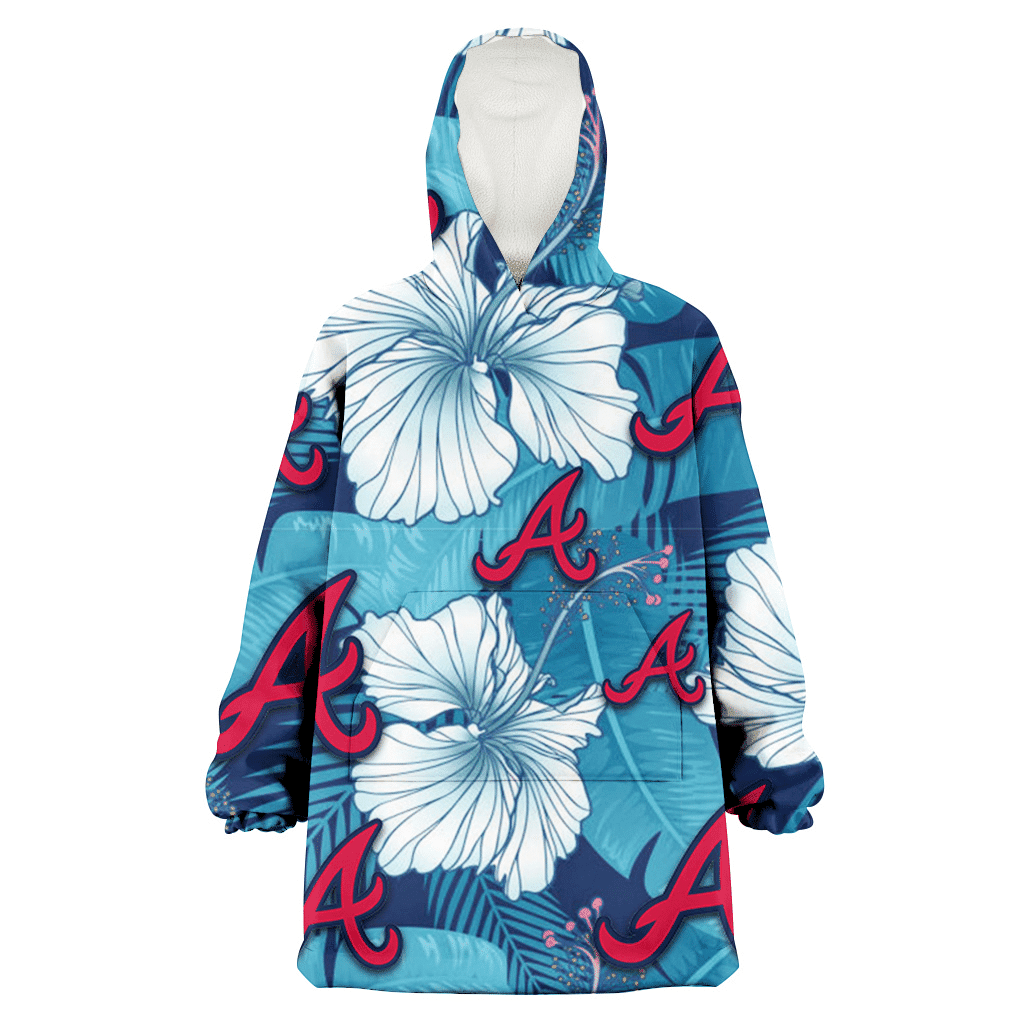 Atlanta Braves White Hibiscus Turquoise Banana Leaf Navy Background 3D Printed Hoodie Blanket Snug Hoodie