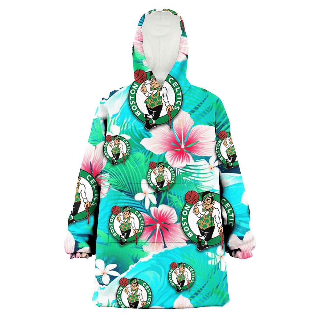 Boston Celtics Pink Hibiscus Green Leaf Blue Background 3D Printed Hoodie Blanket Snug Hoodie