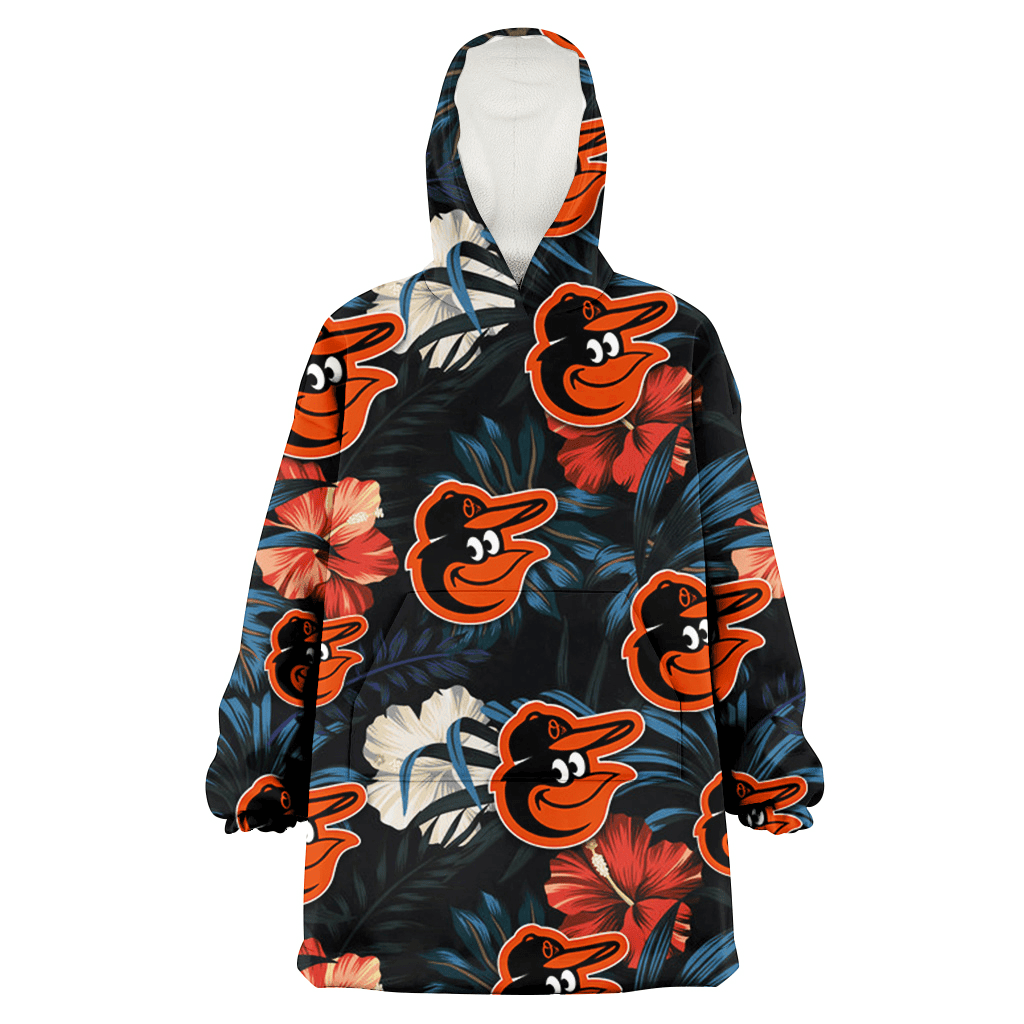 Baltimore Orioles Red And White Hibiscus Dark Leaf Black Background 3D Printed Hoodie Blanket Snug Hoodie