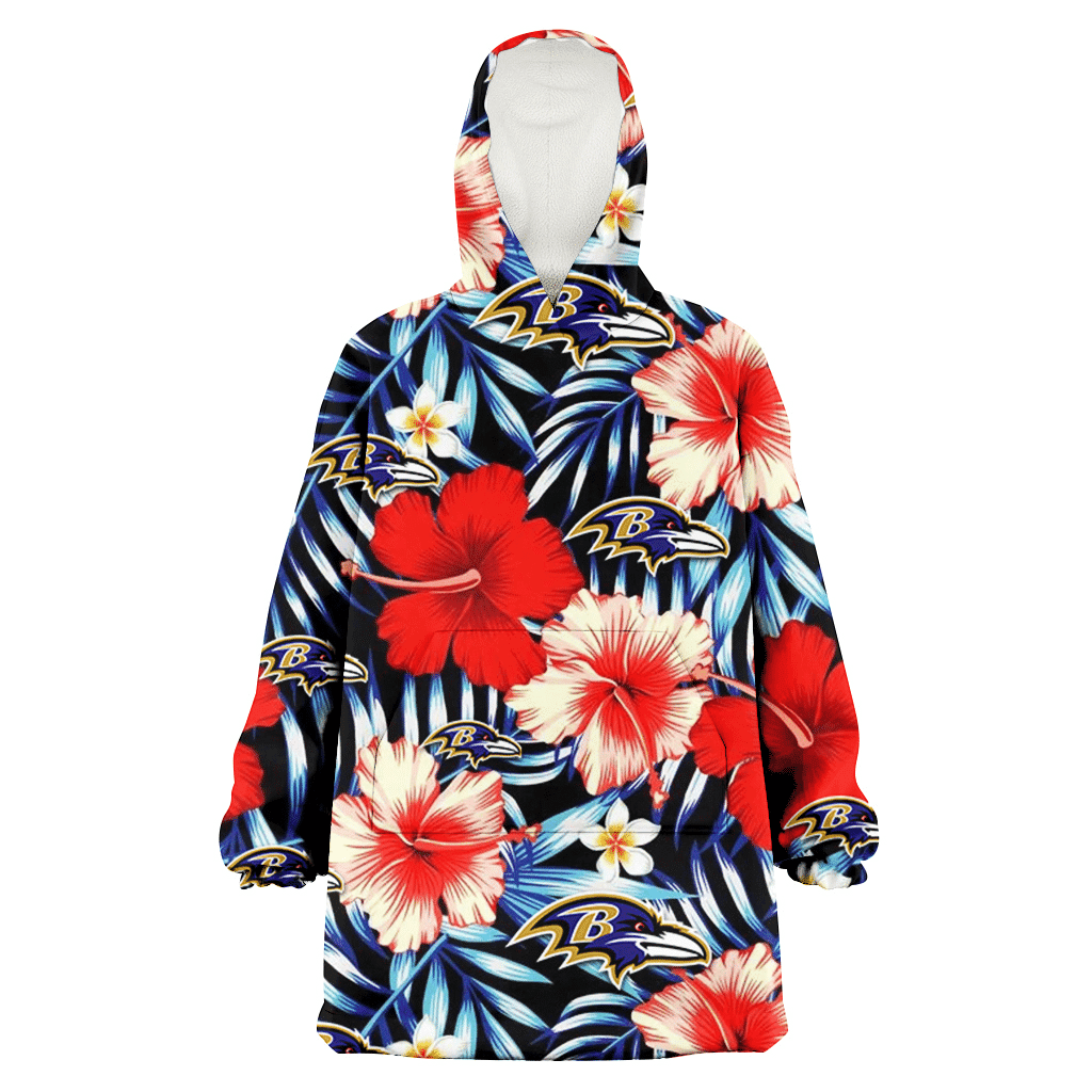 Baltimore Ravens Coral Red Hibiscus Blue Palm Leaf Black Background 3D Printed Hoodie Blanket Snug Hoodie