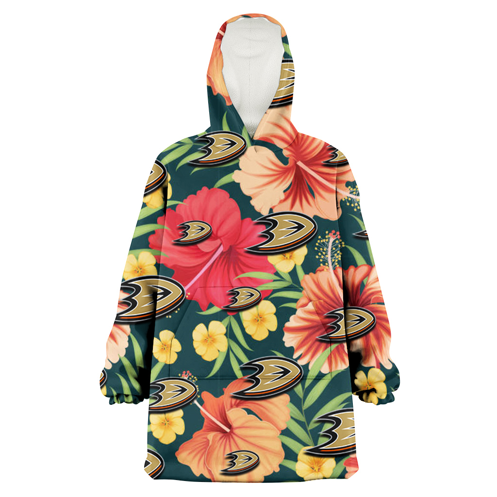 Anaheim Ducks Orange Red Hibiscus Green Leaf Dark Background 3D Printed Hoodie Blanket Snug Hoodie