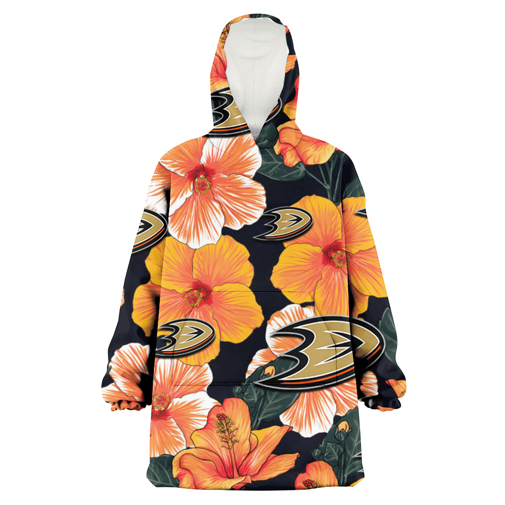 Anaheim Ducks Orange Hibiscus Dark Green Leaf Black Background 3D Printed Hoodie Blanket Snug Hoodie