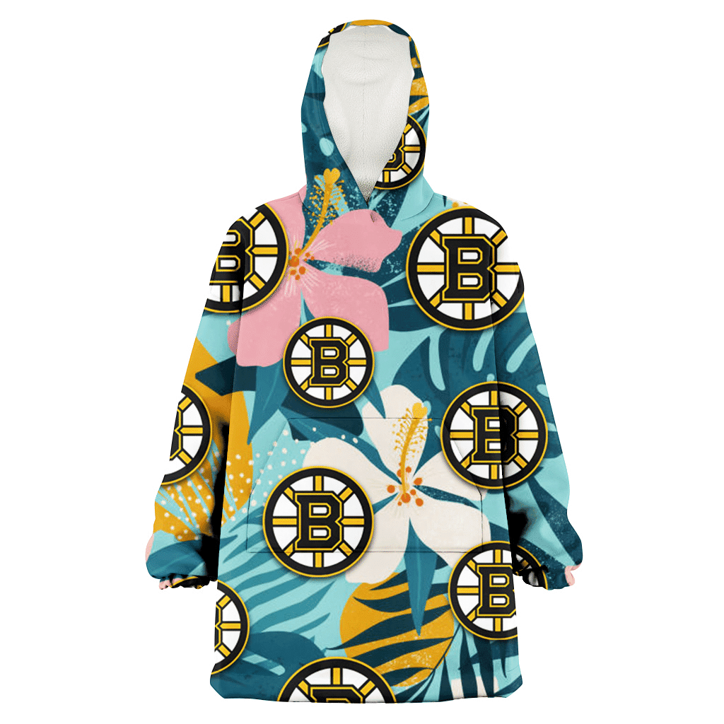 Boston Bruins Pastel Color Hibiscus Tropical Leaves Light Green Background 3D Printed Hoodie Blanket Snug Hoodie