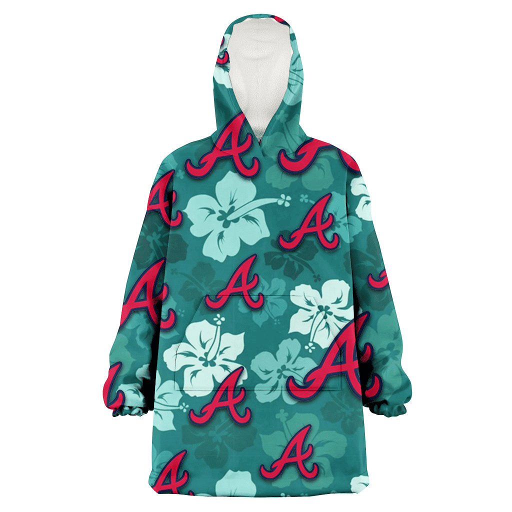 Atlanta Braves Light Sea Green Hibiscus Green Background 3D Printed Hoodie Blanket Snug Hoodie