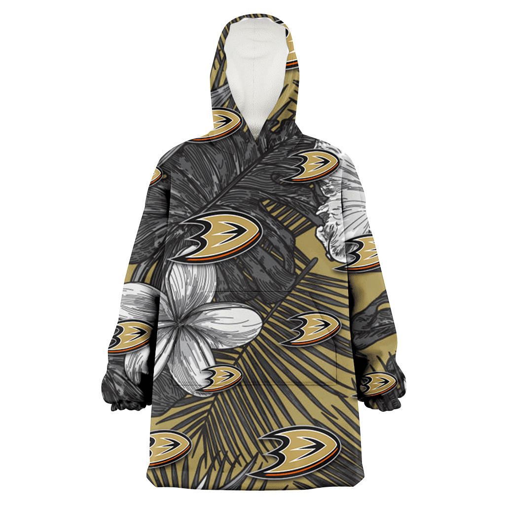 Anaheim Ducks Gray Sketch Hibiscus Yellow Palm Leaf Black Background 3D Printed Hoodie Blanket Snug Hoodie