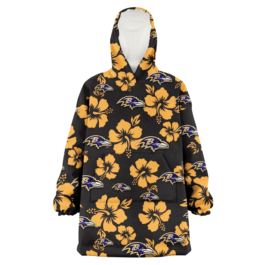 Baltimore Ravens Tiny Yellow Hibiscus Black Background 3D Printed Hoodie Blanket Snug Hoodie