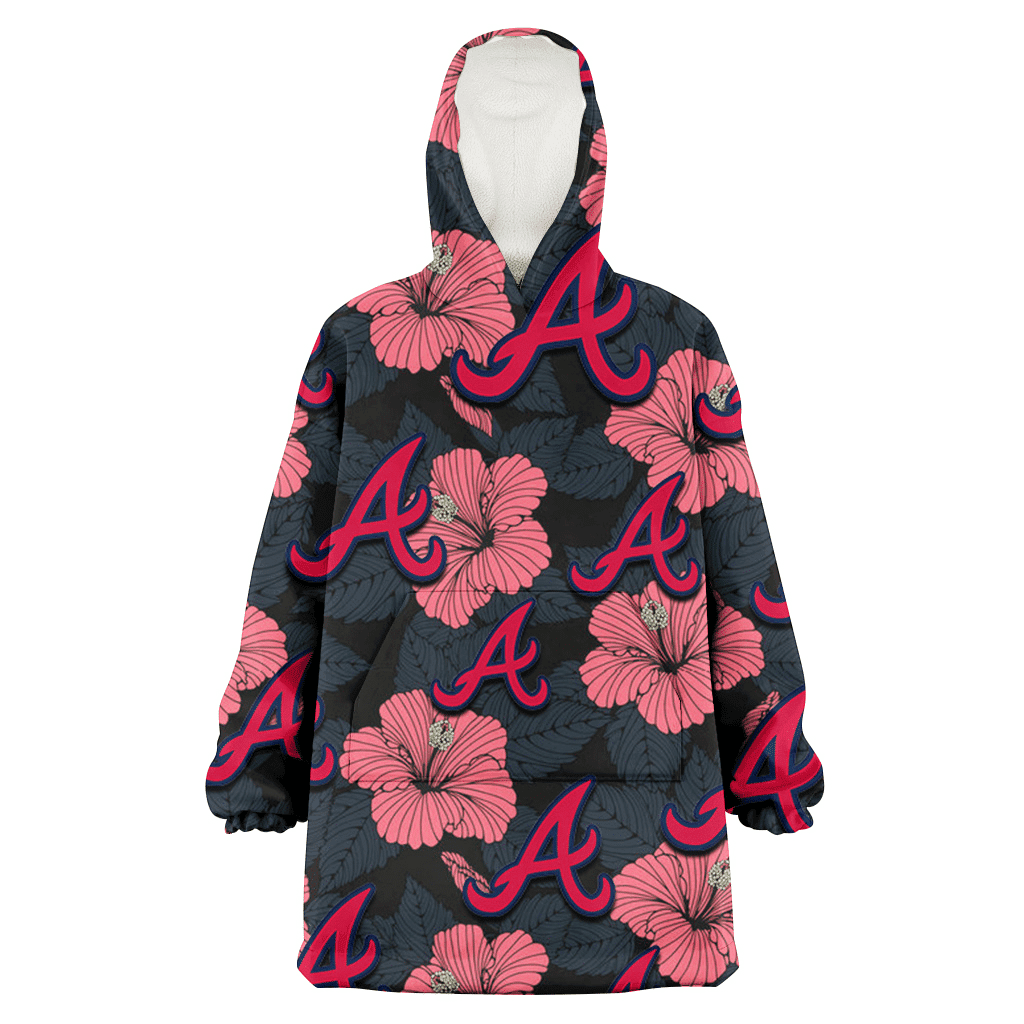 Atlanta Braves Light Coral Hibiscus Gray Leaf Black Background 3D Printed Hoodie Blanket Snug Hoodie