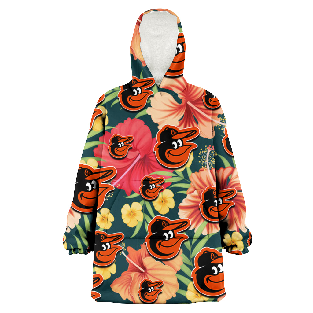 Baltimore Orioles Orange Red Hibiscus Green Leaf Dark Background 3D Printed Hoodie Blanket Snug Hoodie