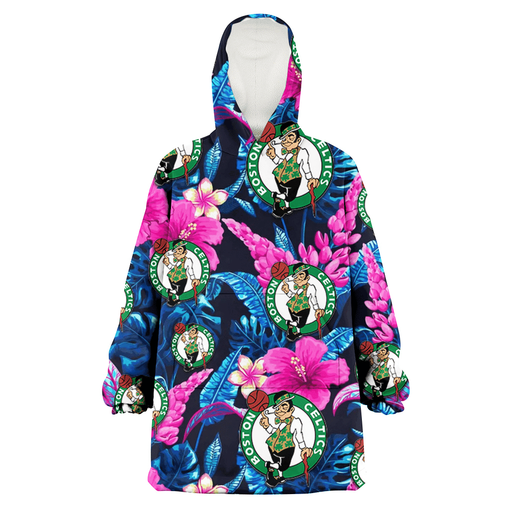 Boston Celtics Violet Red Hibiscus Blue Leaf Black Background 3D Printed Hoodie Blanket Snug Hoodie