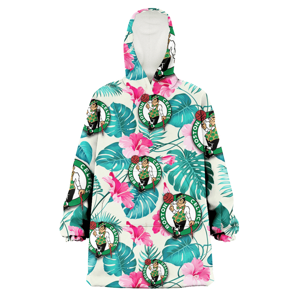 Boston Celtics Pink Hibiscus Green Leaf Beige Background 3D Printed Hoodie Blanket Snug Hoodie