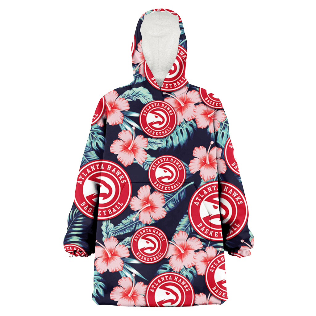 Atlanta Hawks Coral Hibiscus Green Banana Leaf Black Background 3D Printed Hoodie Blanket Snug Hoodie