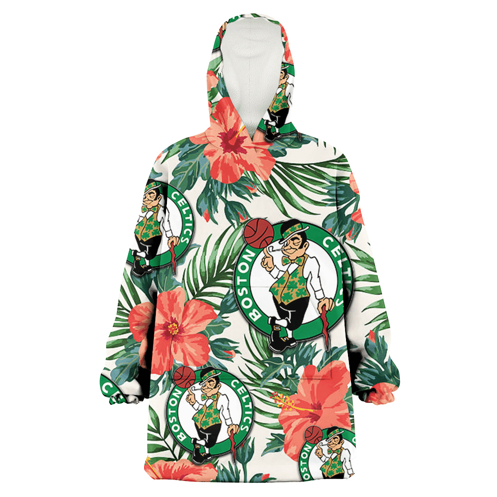 Boston Celtics Coral Hibiscus Green Leaf Beige Background 3D Printed Hoodie Blanket Snug Hoodie