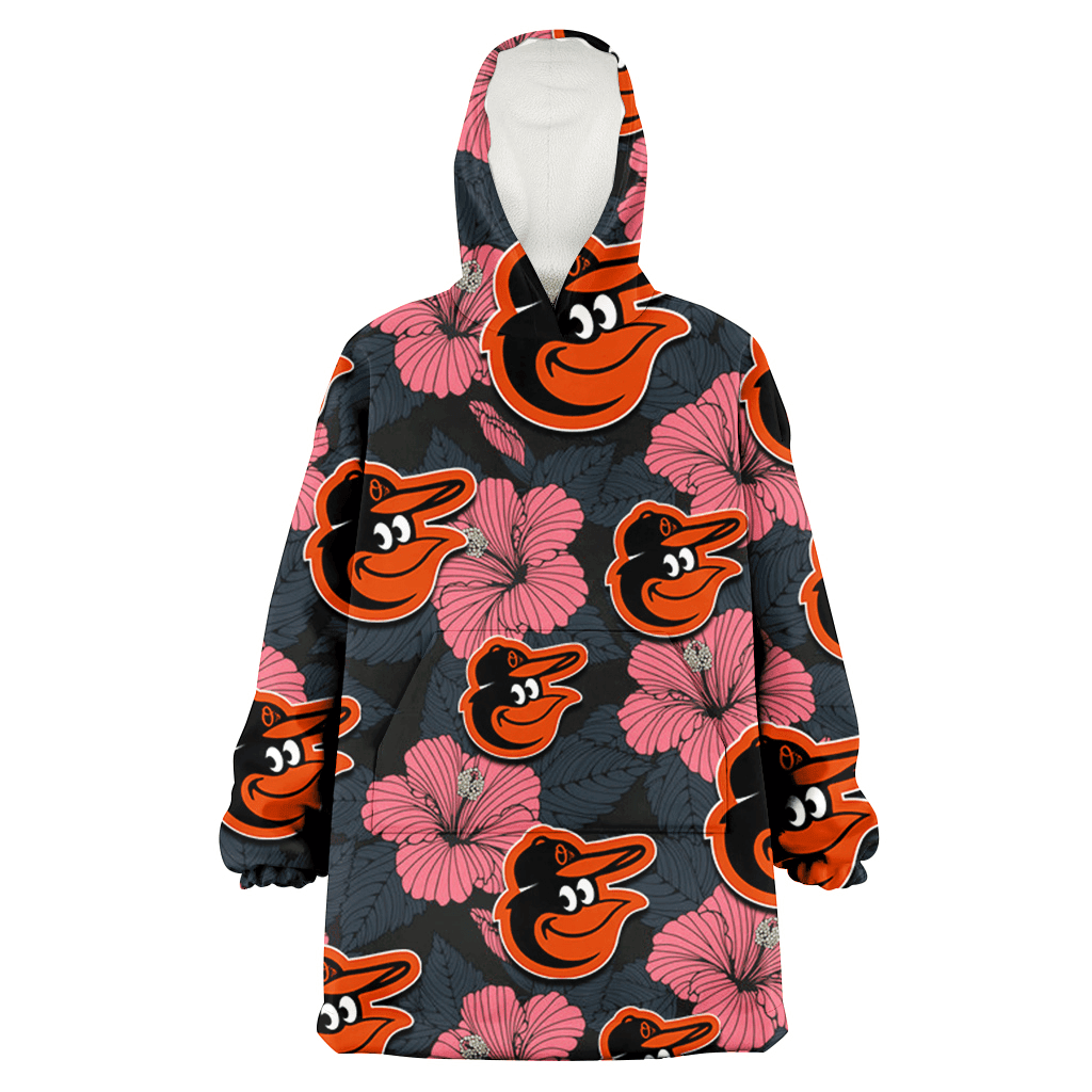 Baltimore Orioles Light Coral Hibiscus Gray Leaf Black Background 3D Printed Hoodie Blanket Snug Hoodie