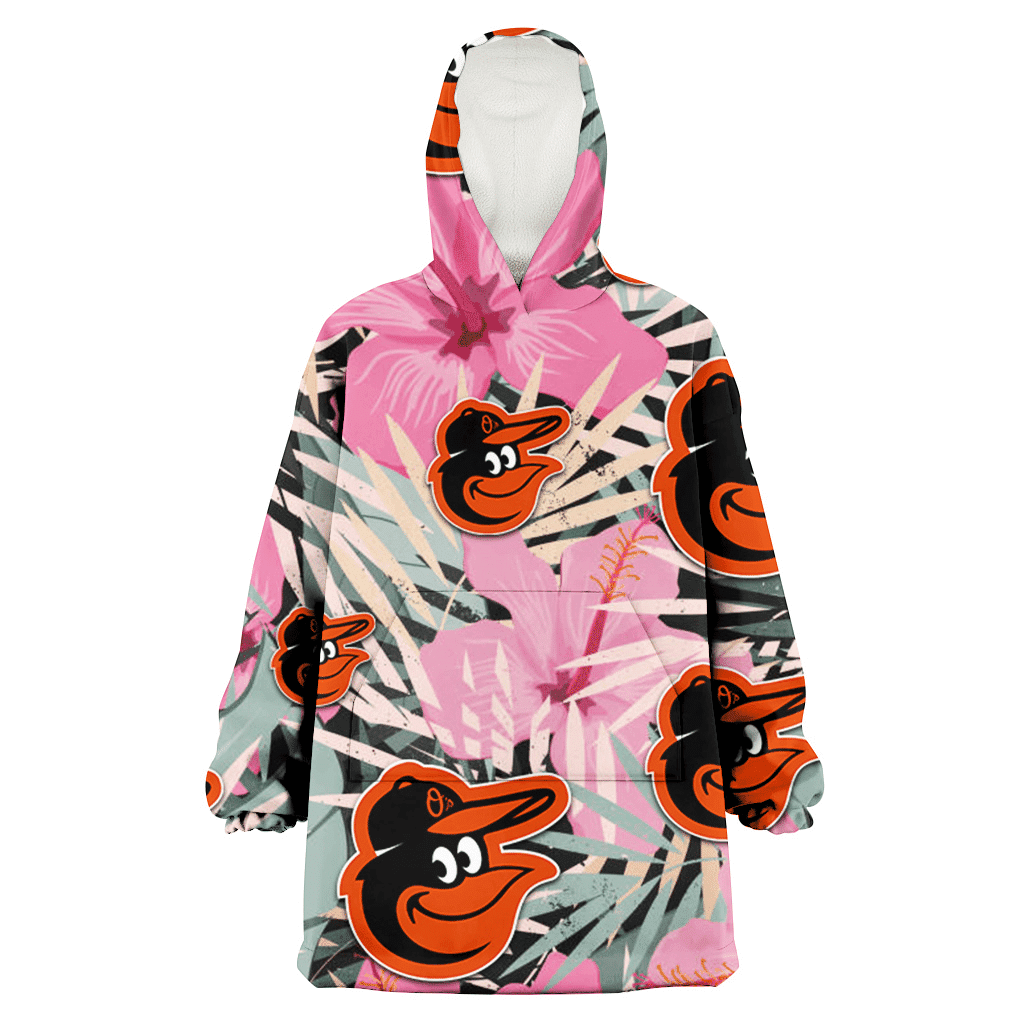 Baltimore Orioles Light Pink Hibiscus Pale Green Leaf Black Background 3D Printed Hoodie Blanket Snug Hoodie