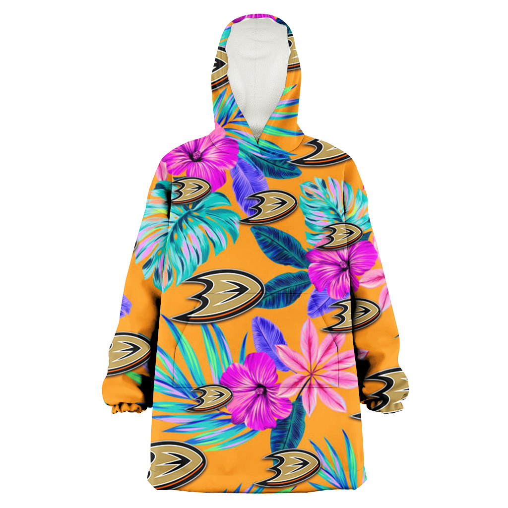 Anaheim Ducks Purple Hibiscus Neon Leaf Orange Background 3D Printed Hoodie Blanket Snug Hoodie