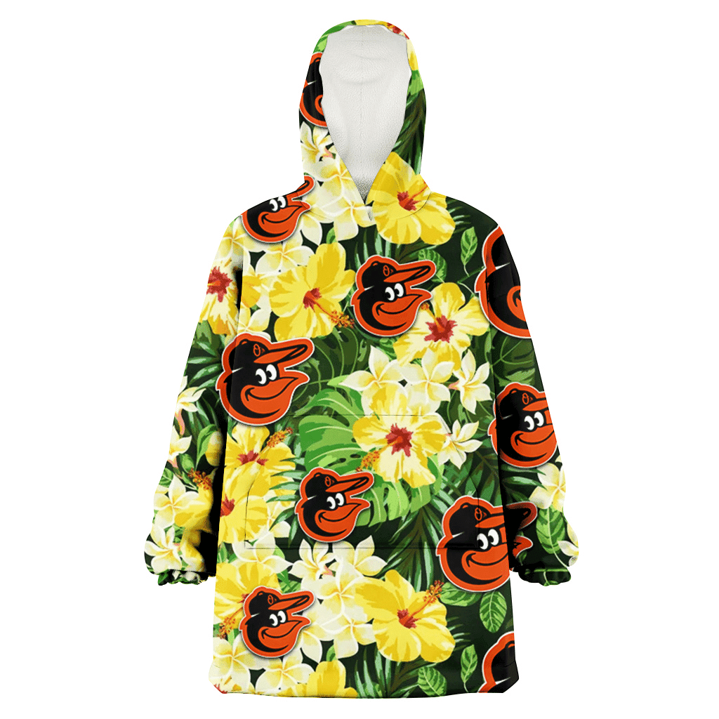 Baltimore Orioles Yellow Hibiscus Tropical Green Leaf Black Background 3D Printed Hoodie Blanket Snug Hoodie