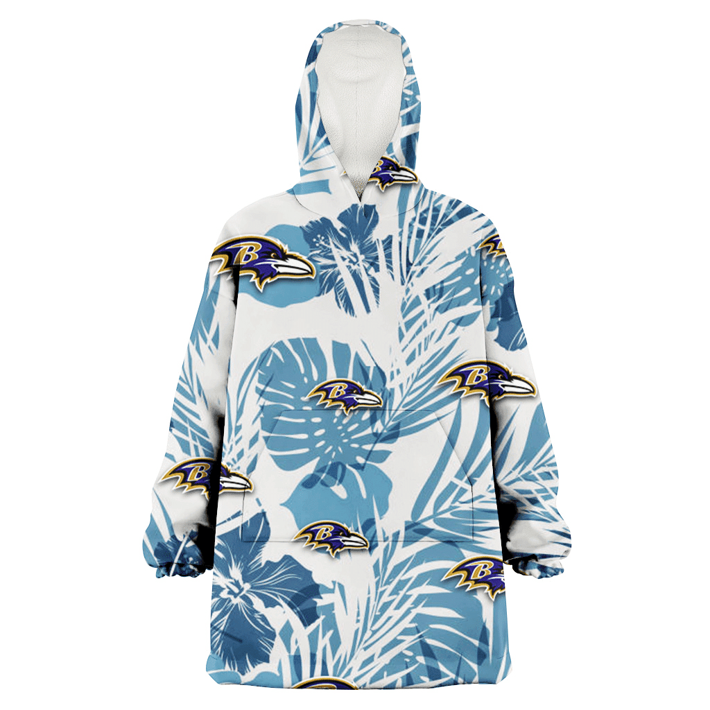 Baltimore Ravens Hibiscus Balm Leaves Blue And White Background 3D Printed Hoodie Blanket Snug Hoodie