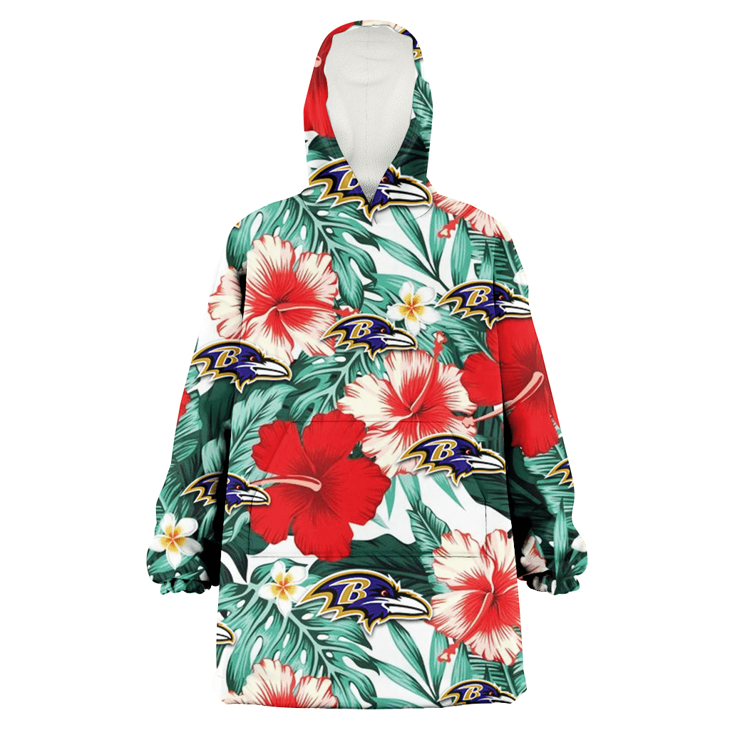 Baltimore Ravens Red Coral Hibiscus White Porcelain Flower Banana Leaf 3D Printed Hoodie Blanket Snug Hoodie