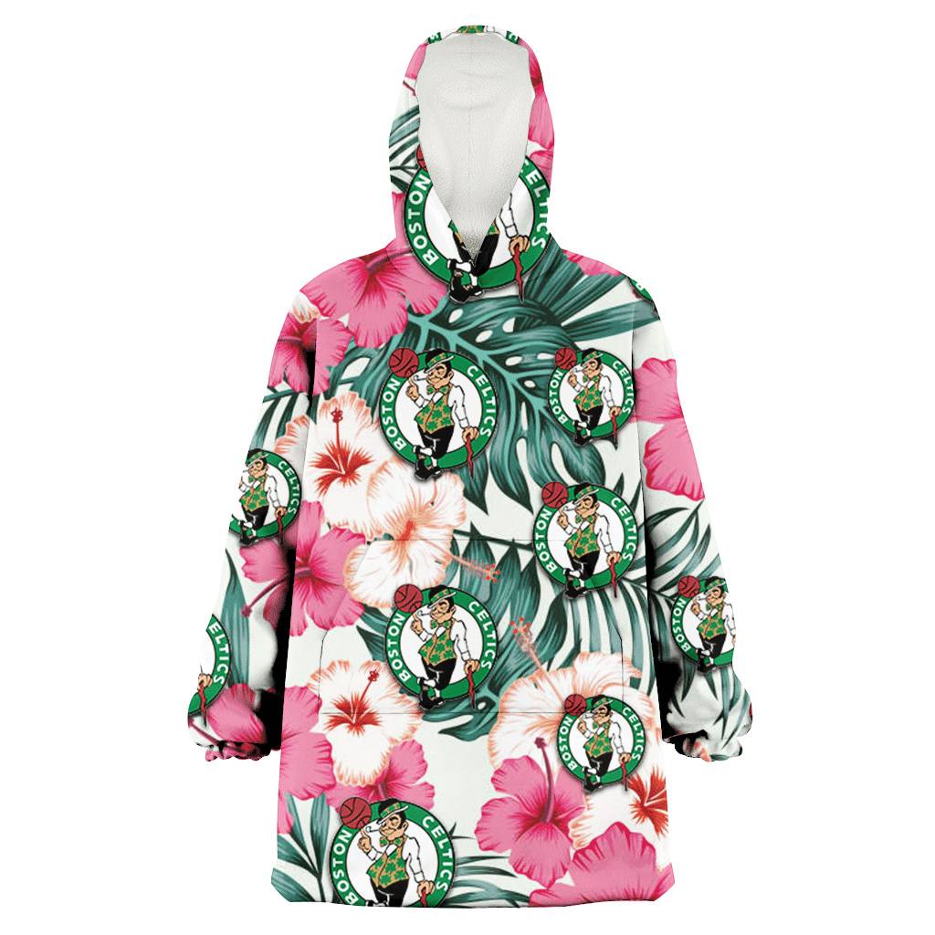 Boston Celtics Coral Pink Hibiscus Green Leaf Beige Background 3D Printed Hoodie Blanket Snug Hoodie