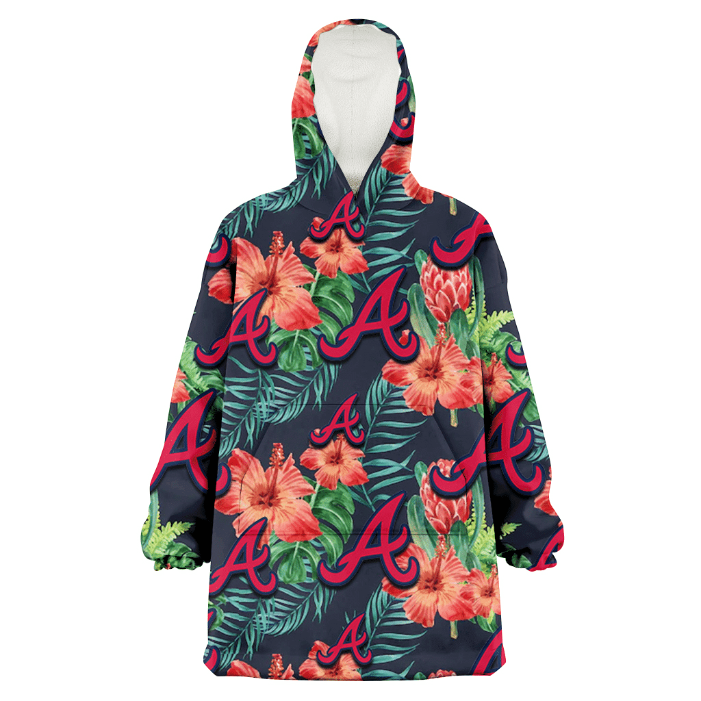 Atlanta Braves Orange Hibiscus Green Tropical Leaf Dark Background 3D Printed Hoodie Blanket Snug Hoodie
