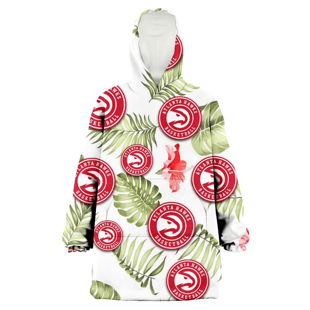 Atlanta Hawks Light Salmon Hibiscus Green Leaf White Background 3D Printed Hoodie Blanket Snug Hoodie