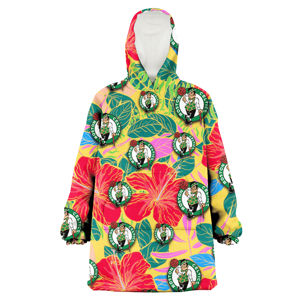 Boston Celtics Red Hibiscus Green Blue Leaf Yellow Background 3D Printed Hoodie Blanket Snug Hoodie