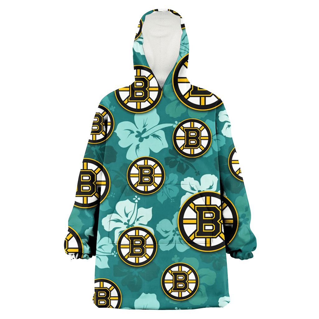 Boston Bruins Light Sea Green Hibiscus Green Background 3D Printed Hoodie Blanket Snug Hoodie