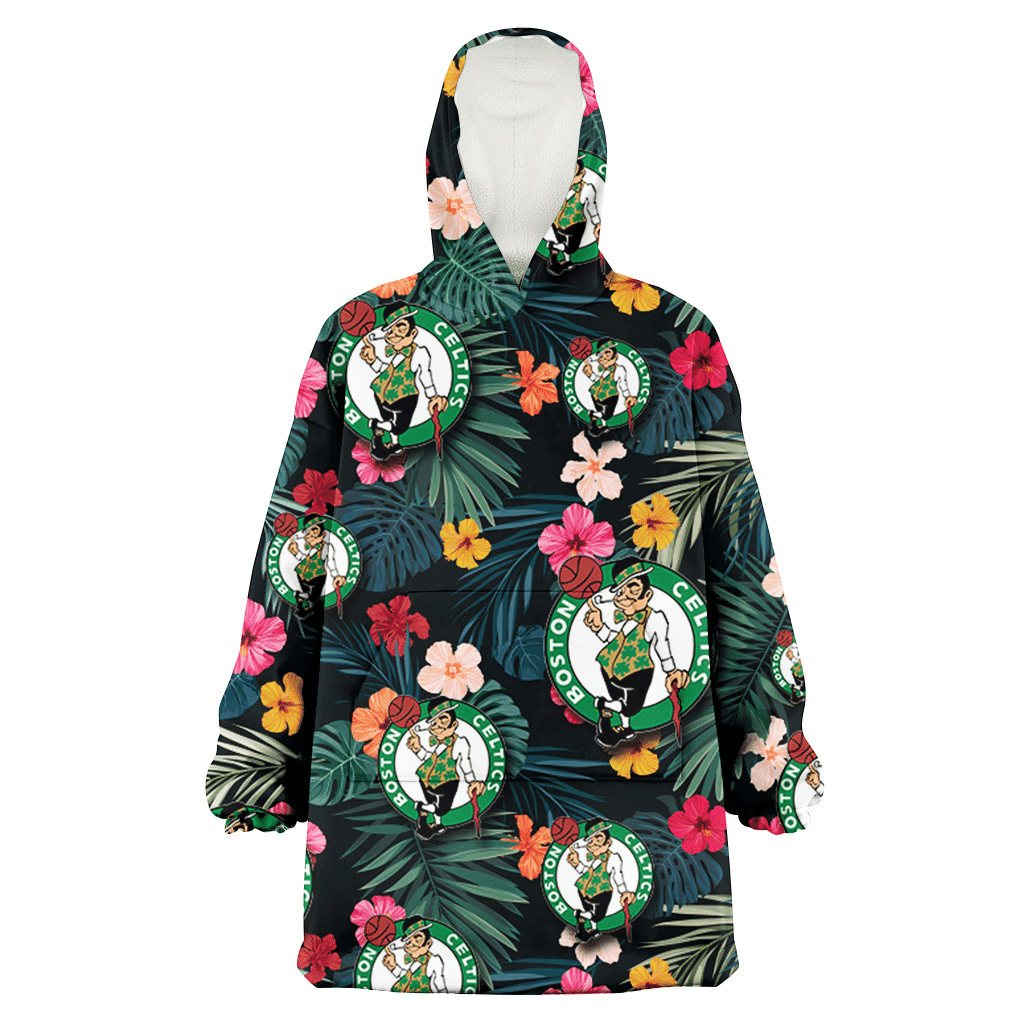 Boston Celtics Pink Yellow Orange Hibiscus Big Tropical Leaf Black Background 3D Printed Hoodie Blanket Snug Hoodie