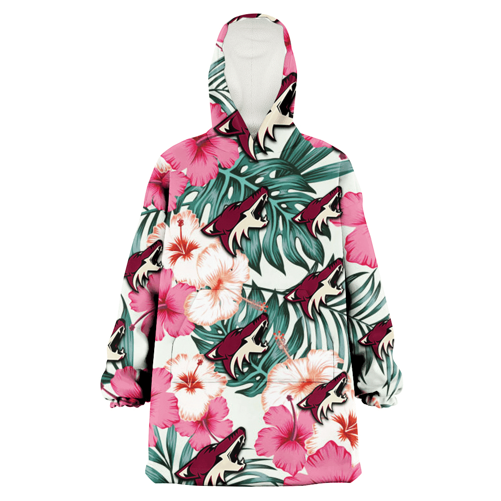 Arizona Coyotes Coral Pink Hibiscus Green Leaf Beige Background 3D Printed Hoodie Blanket Snug Hoodie