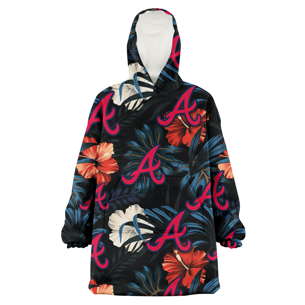 Atlanta Braves Red And White Hibiscus Dark Leaf Black Background 3D Printed Hoodie Blanket Snug Hoodie