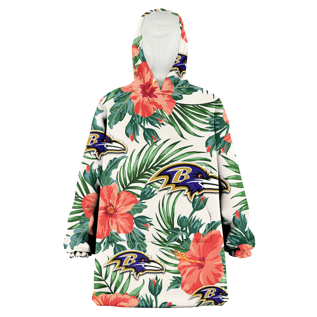 Baltimore Ravens Coral Hibiscus Green Leaf Beige Background 3D Printed Hoodie Blanket Snug Hoodie