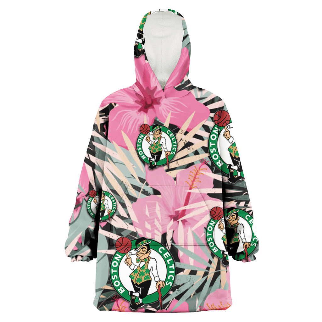 Boston Celtics Light Pink Hibiscus Pale Green Leaf Black Background 3D Printed Hoodie Blanket Snug Hoodie