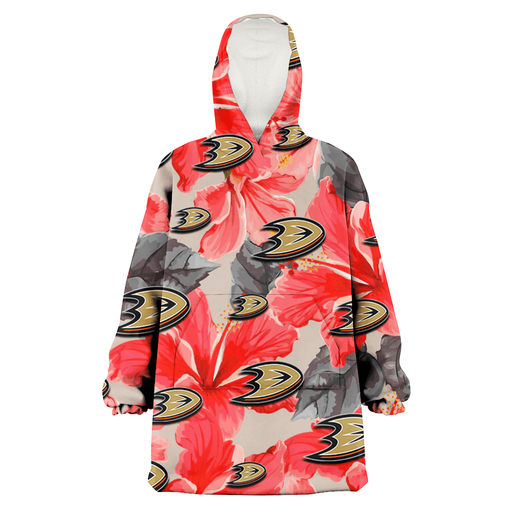 Anaheim Ducks Red Hibiscus Gray Leaf Gainsboro Background 3D Printed Hoodie Blanket Snug Hoodie