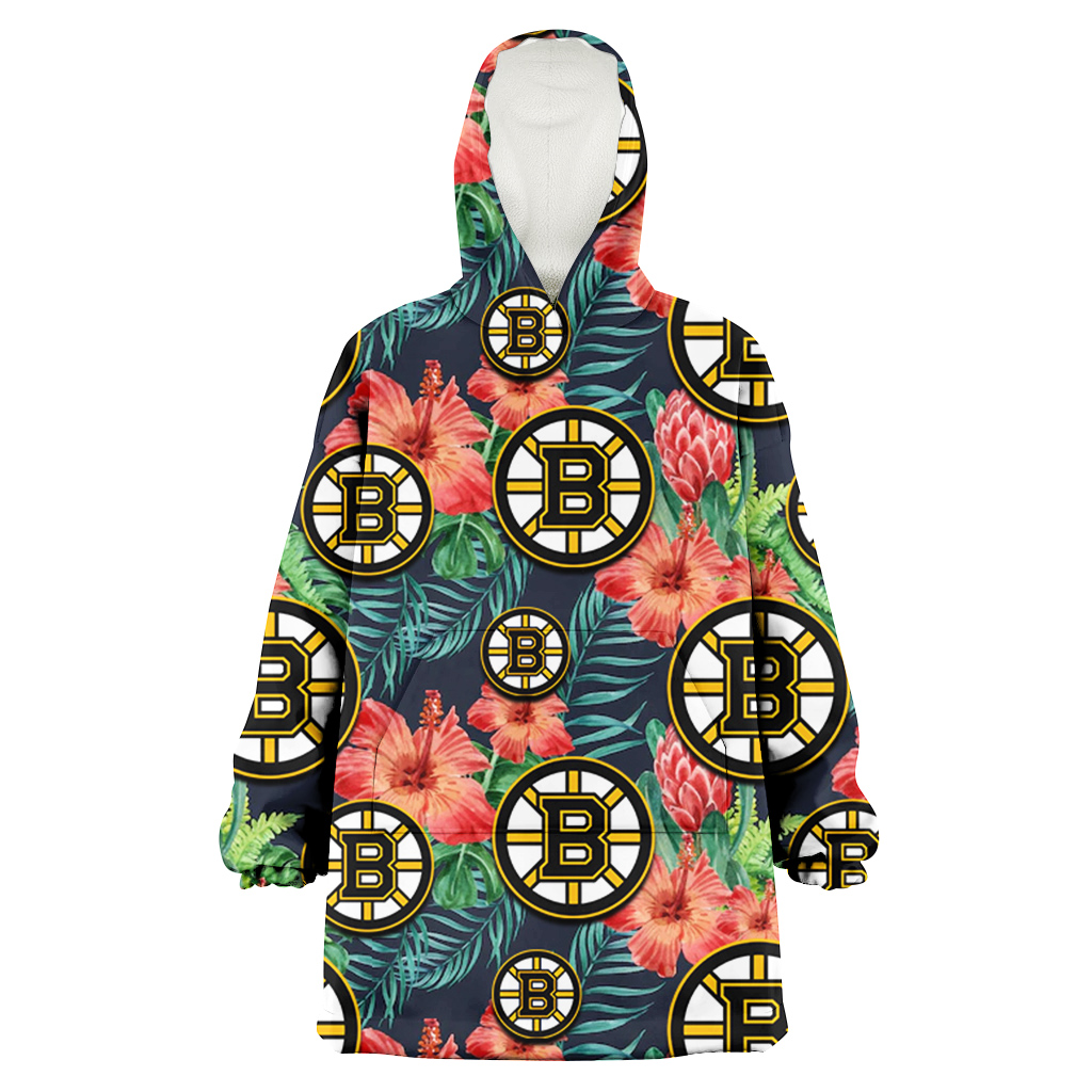 Boston Bruins Orange Hibiscus Green Tropical Leaf Dark Background 3D Printed Hoodie Blanket Snug Hoodie