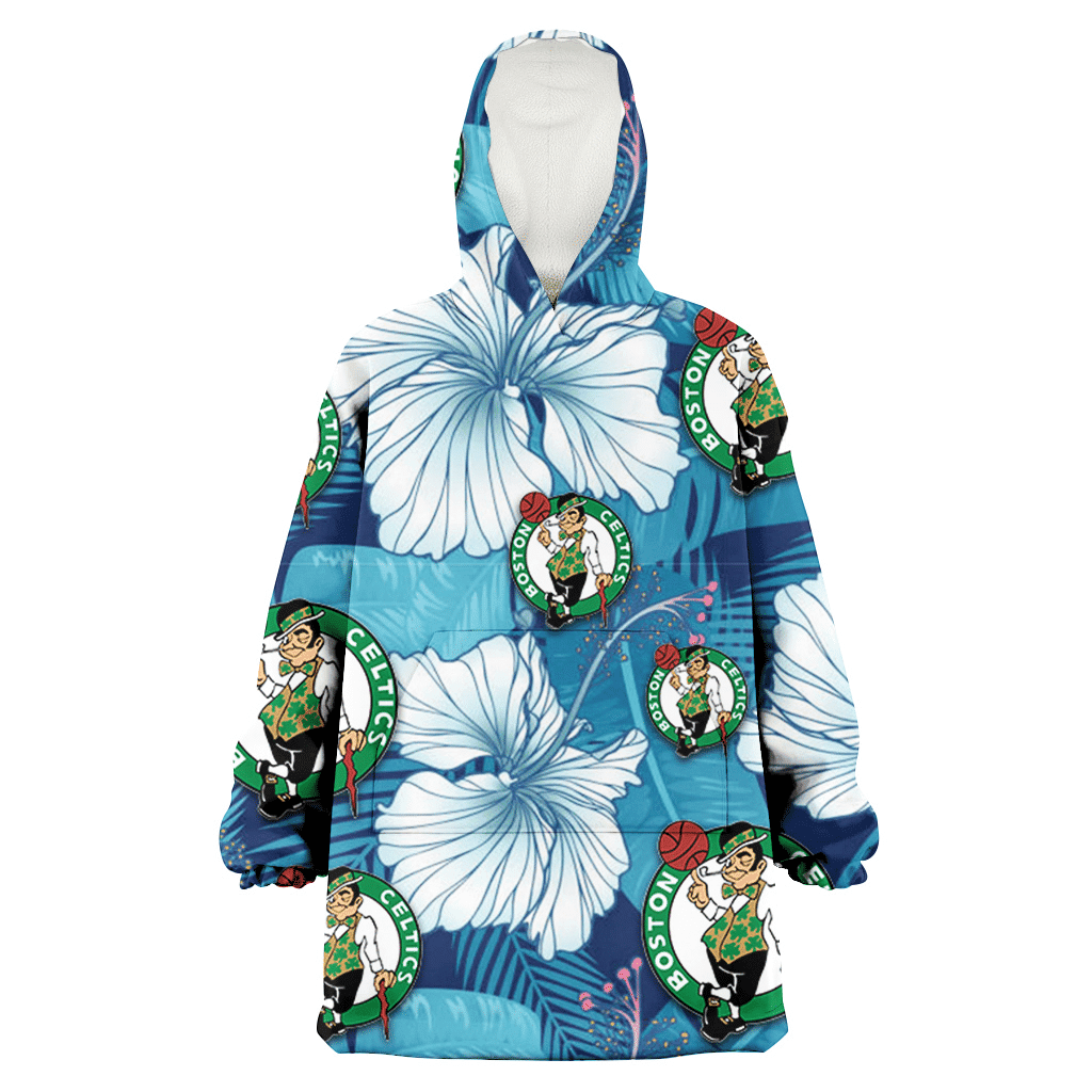 Boston Celtics White Hibiscus Turquoise Banana Leaf Navy Background 3D Printed Hoodie Blanket Snug Hoodie
