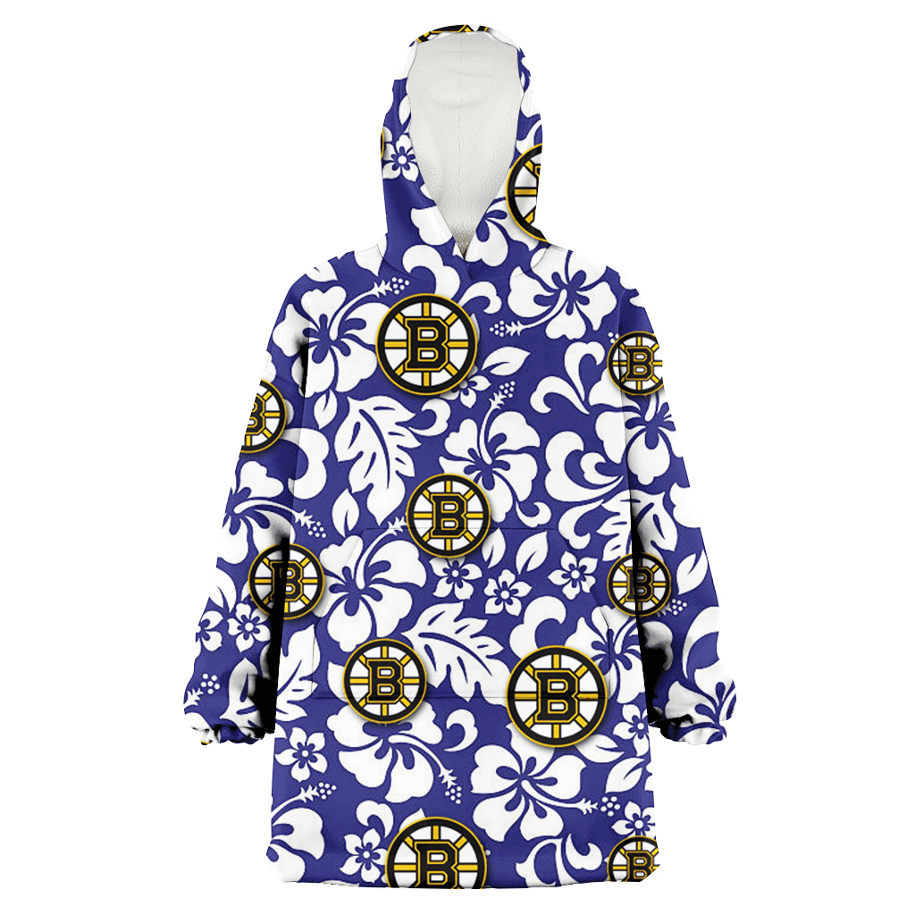Boston Bruins White Hibiscus Pattern Slate Blue Background 3D Printed Hoodie Blanket Snug Hoodie
