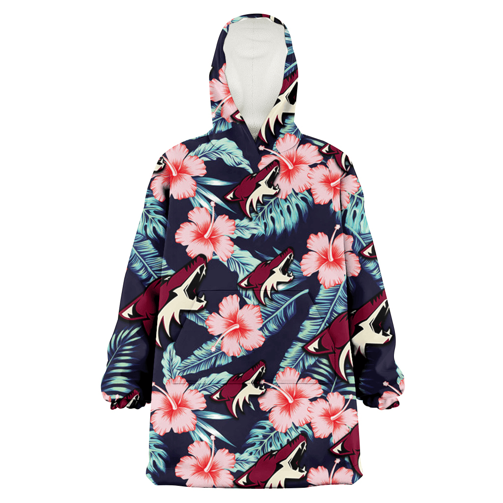 Arizona Coyotes Coral Hibiscus Green Banana Leaf Black Background 3D Printed Hoodie Blanket Snug Hoodie