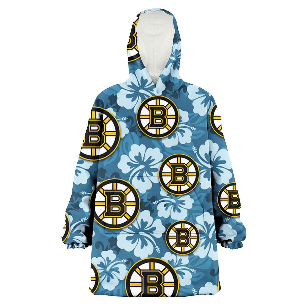 Boston Bruins Light Blue Hibiscus Blue Background 3D Printed Hoodie Blanket Snug Hoodie
