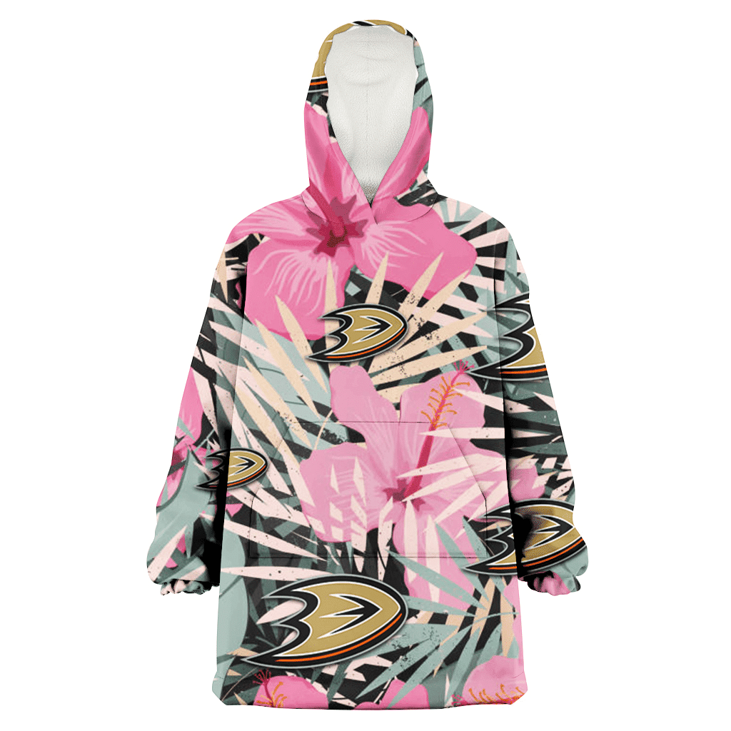 Anaheim Ducks Light Pink Hibiscus Pale Green Leaf Black Background 3D Printed Hoodie Blanket Snug Hoodie