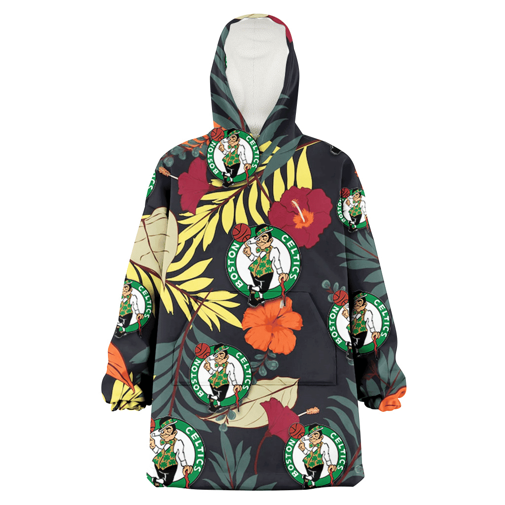 Boston Celtics Red And Orange Hibiscus Black Background 3D Printed Hoodie Blanket Snug Hoodie
