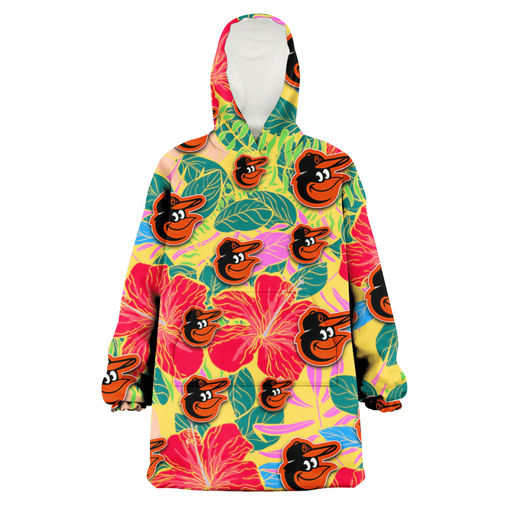 Baltimore Orioles Red Hibiscus Green Blue Leaf Yellow Background 3D Printed Hoodie Blanket Snug Hoodie