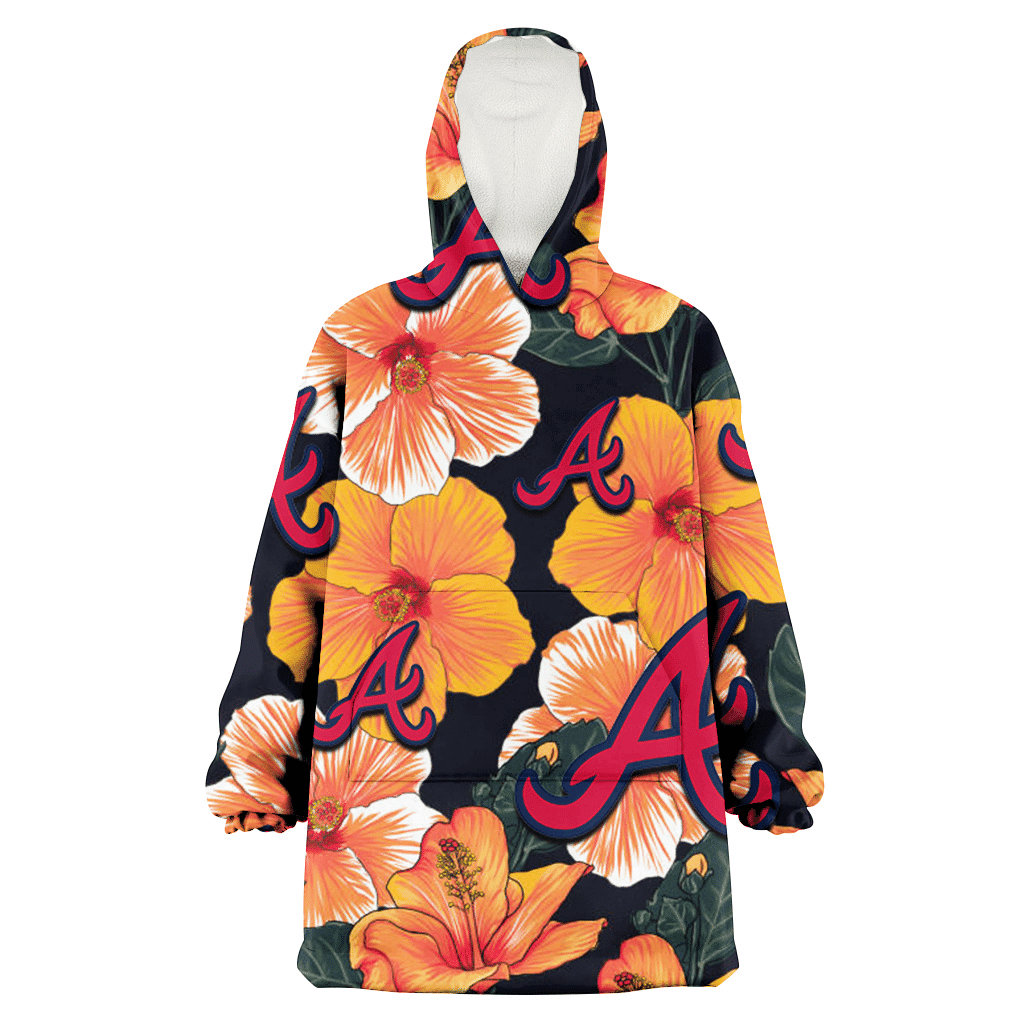 Atlanta Braves Orange Hibiscus Dark Green Leaf Black Background 3D Printed Hoodie Blanket Snug Hoodie