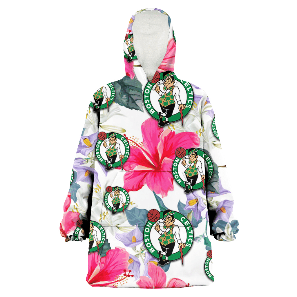 Boston Celtics Pink Hibiscus White Orchid White Background 3D Printed Hoodie Blanket Snug Hoodie