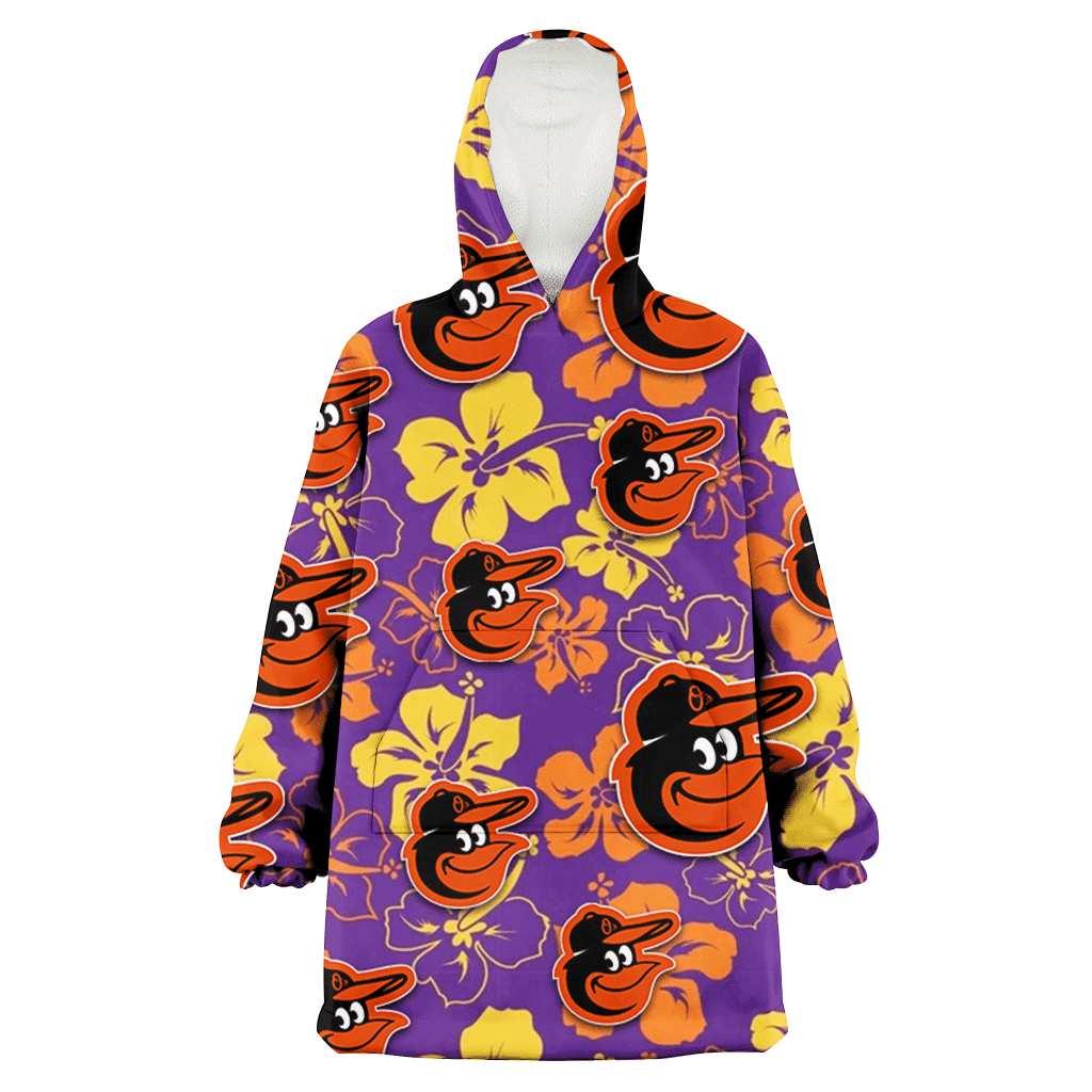 Baltimore Orioles Yellow And Orange Hibiscus Purple Background 3D Printed Hoodie Blanket Snug Hoodie